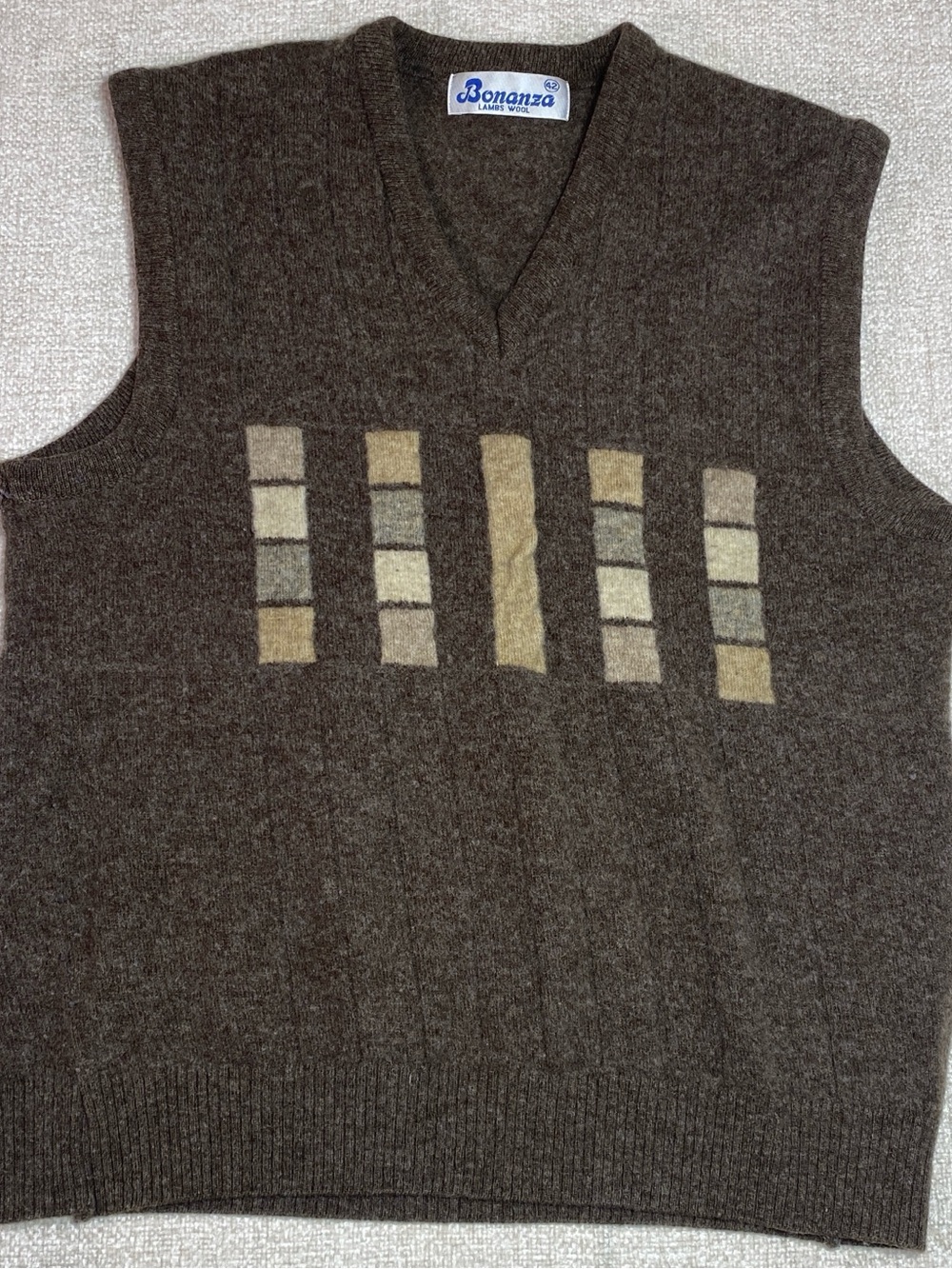 Vintage Bonanza Sweater Vest Men 42 Brown Lambswool V Neck Grandpacore Preppy